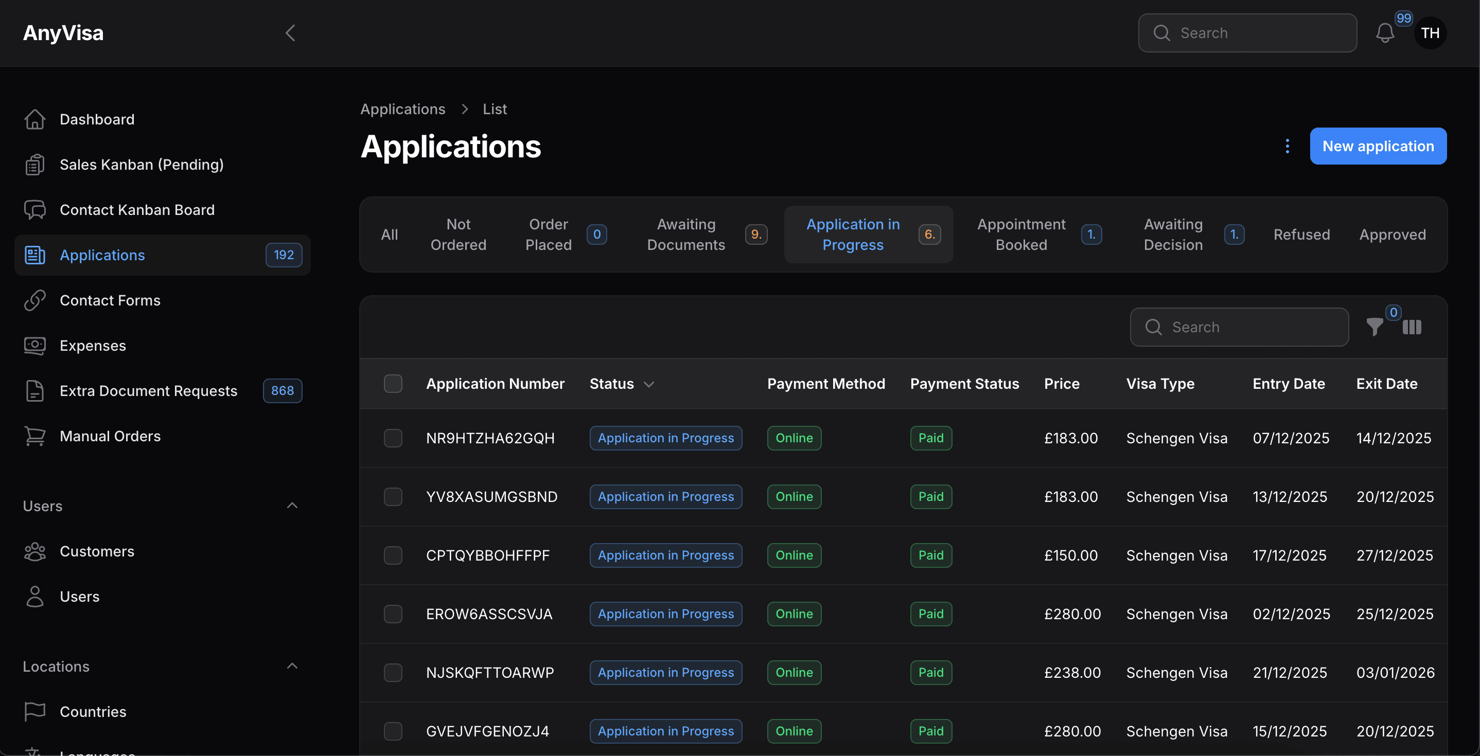 Application list with filters for status, payment and visa type.