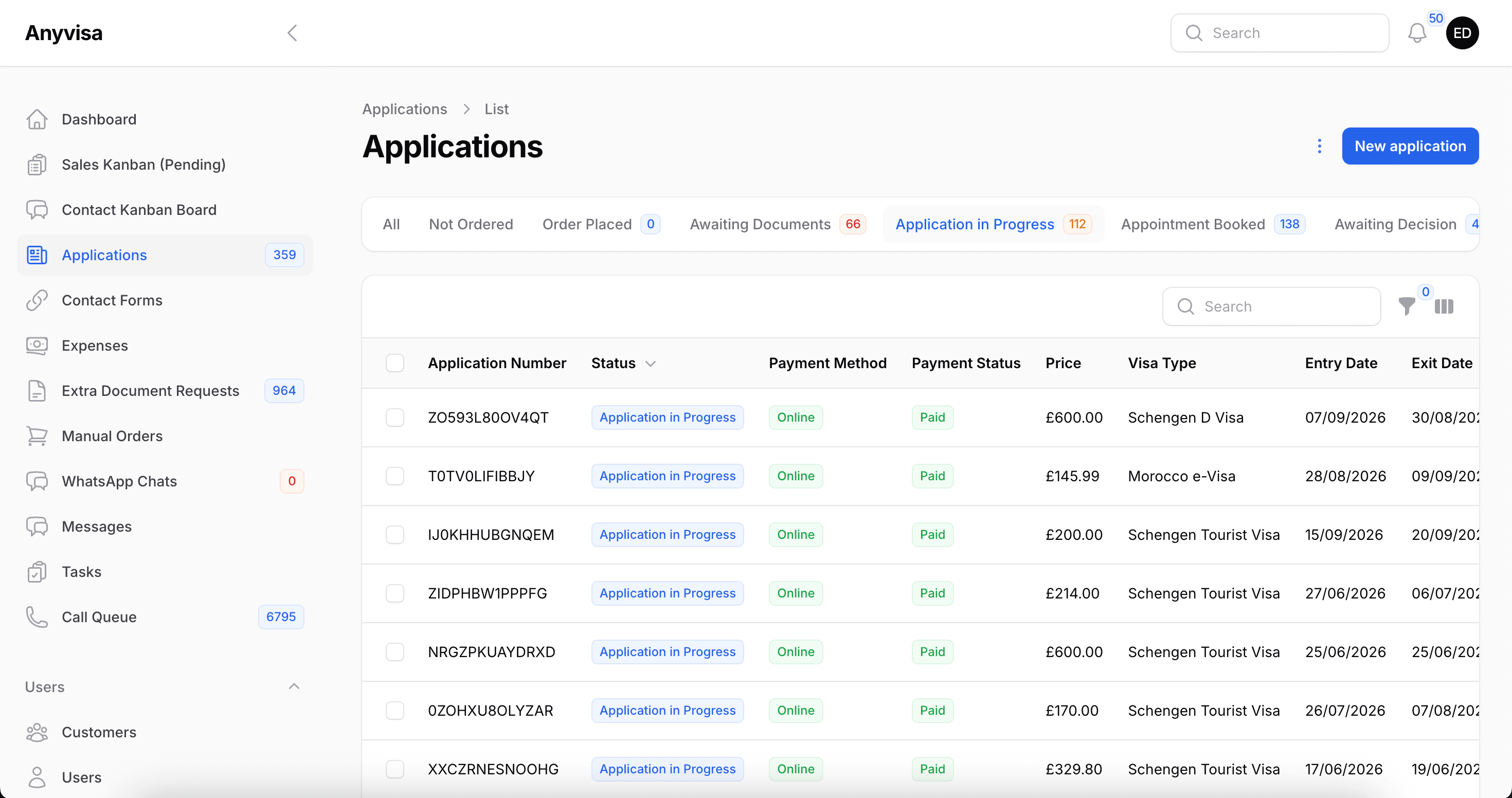 Every application with its status, visa type and travel dates.