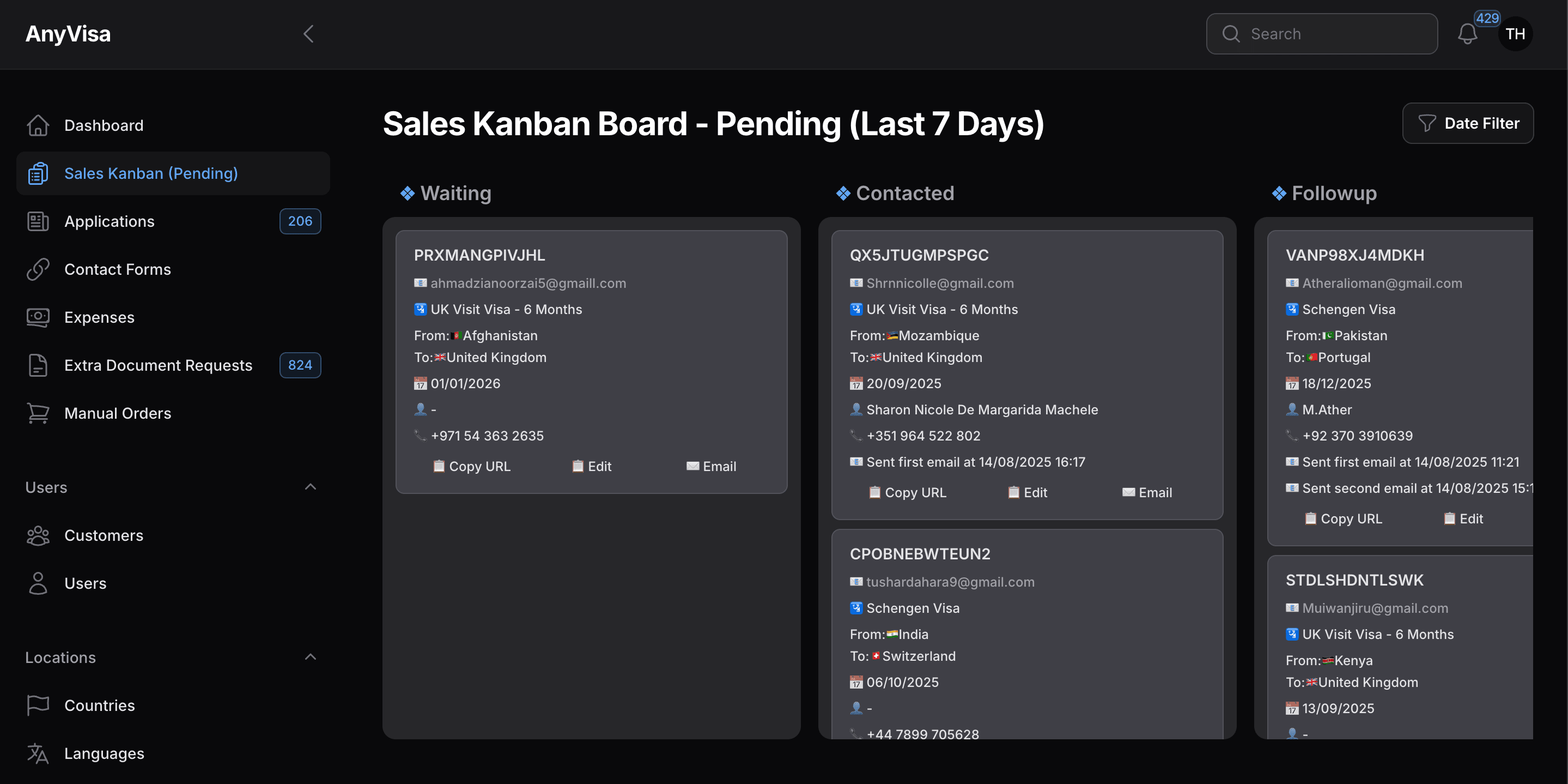 Sales kanban board for pending leads from the last seven days.