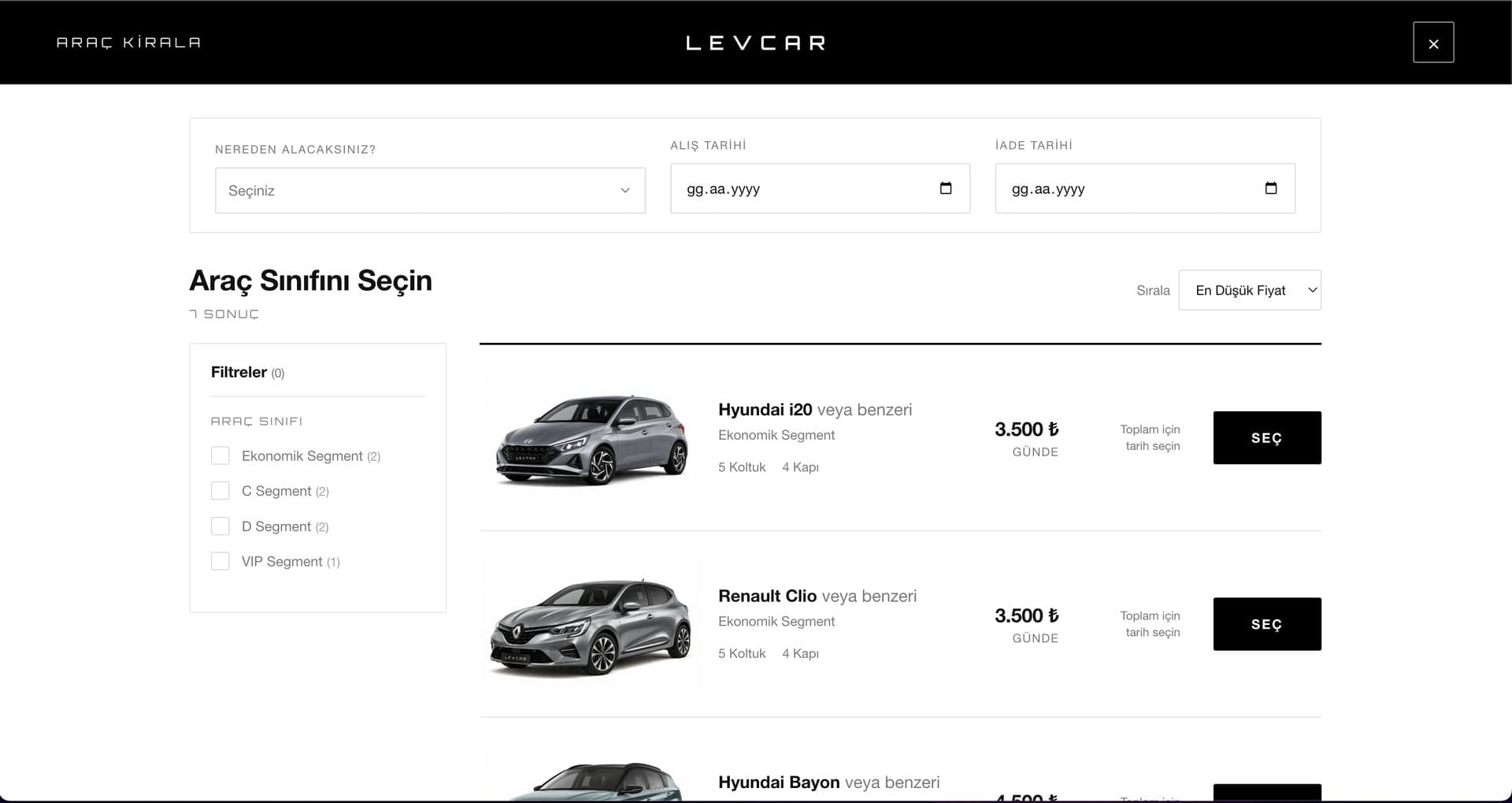 Pick-up location, dates and vehicle class, with daily prices per segment.