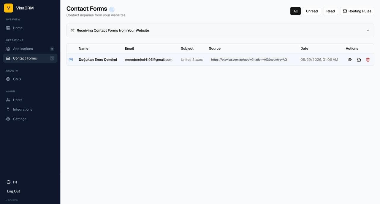 Contact forms from the website land in the same panel.