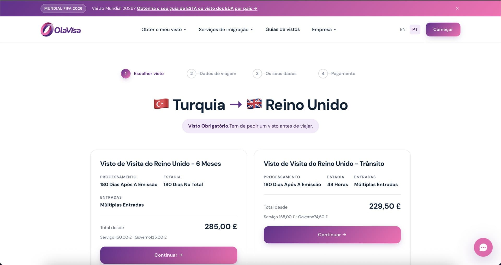 Route-specific visa options, like Turkey to the United Kingdom, with prices and processing times.