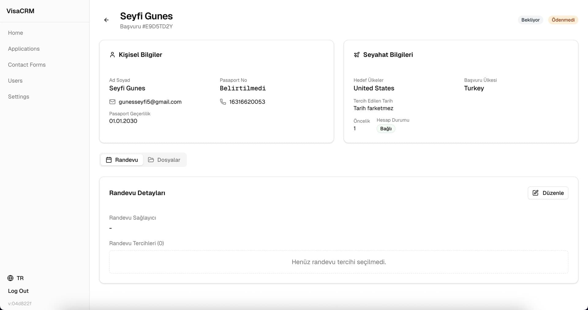 Client record with personal and travel details and appointment info.