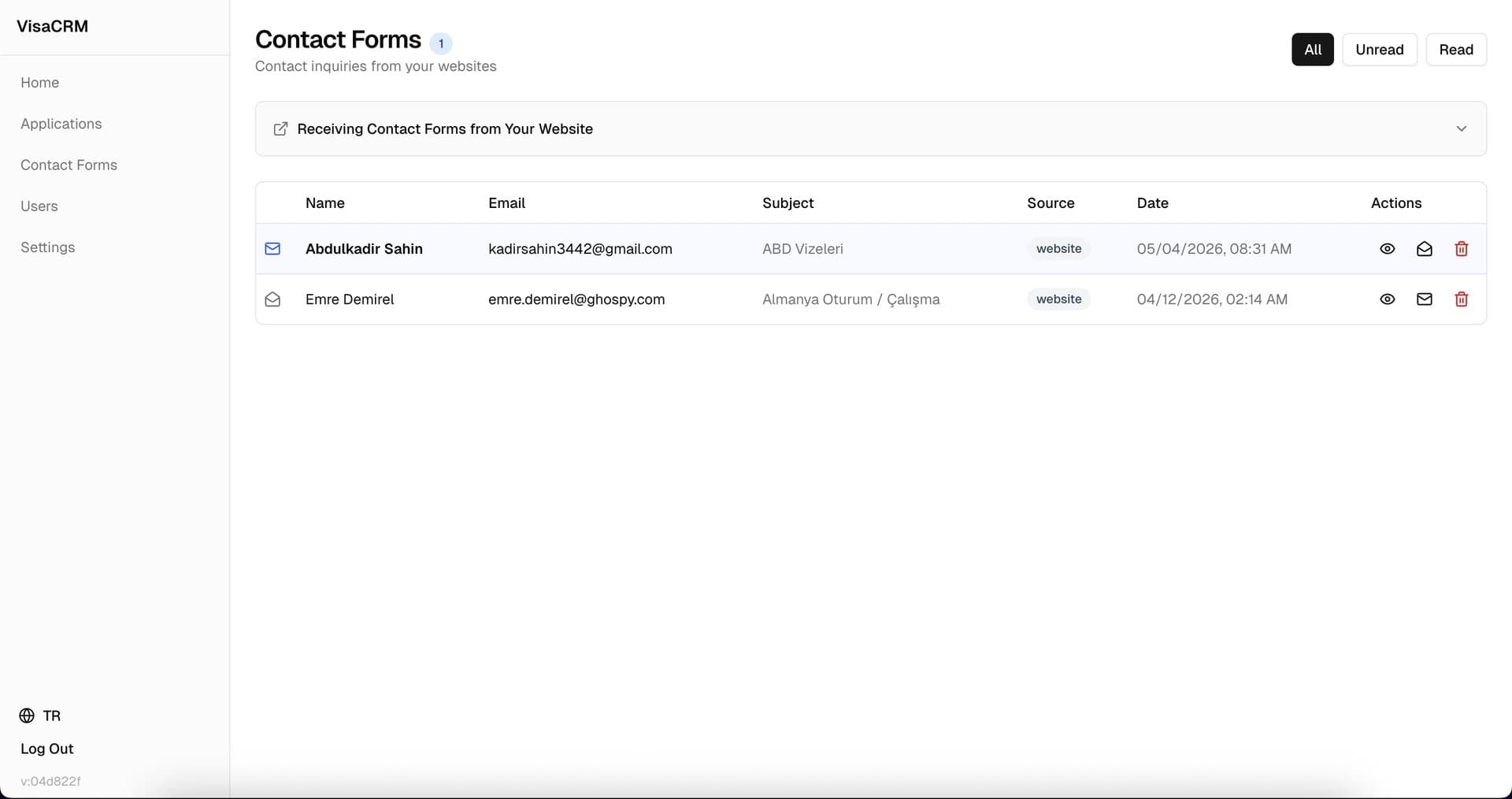 Website contact forms collected in one inbox.