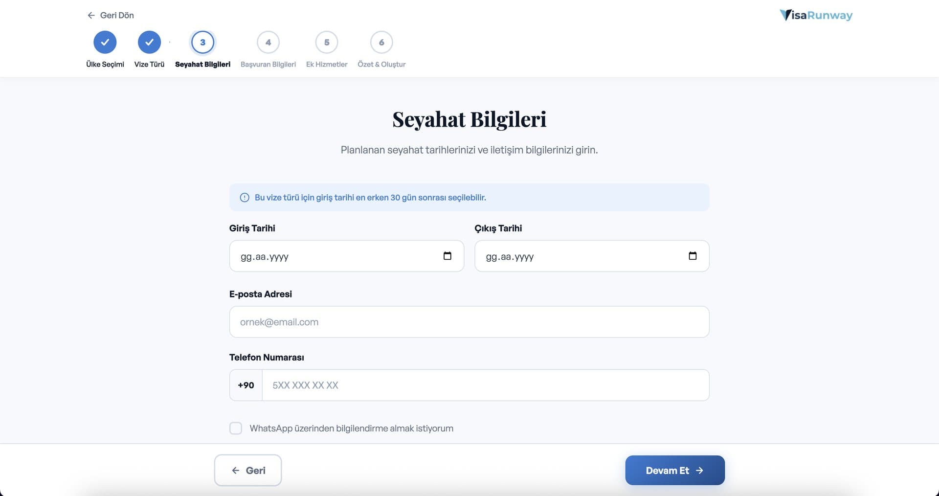 Step-by-step online application: travel details.