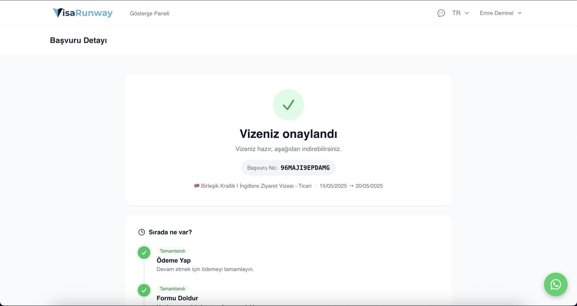 Application detail after approval, with the next steps.