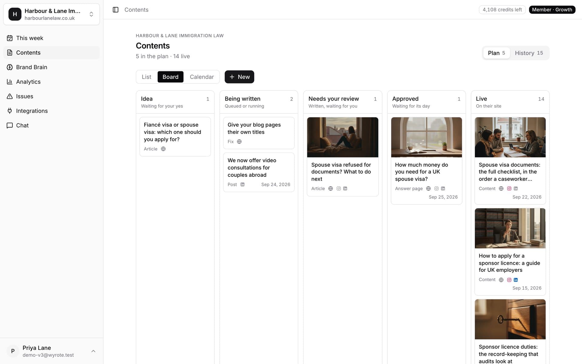The Wyrote content board: ideas, drafts, reviews and published pieces in one place (sample workspace).