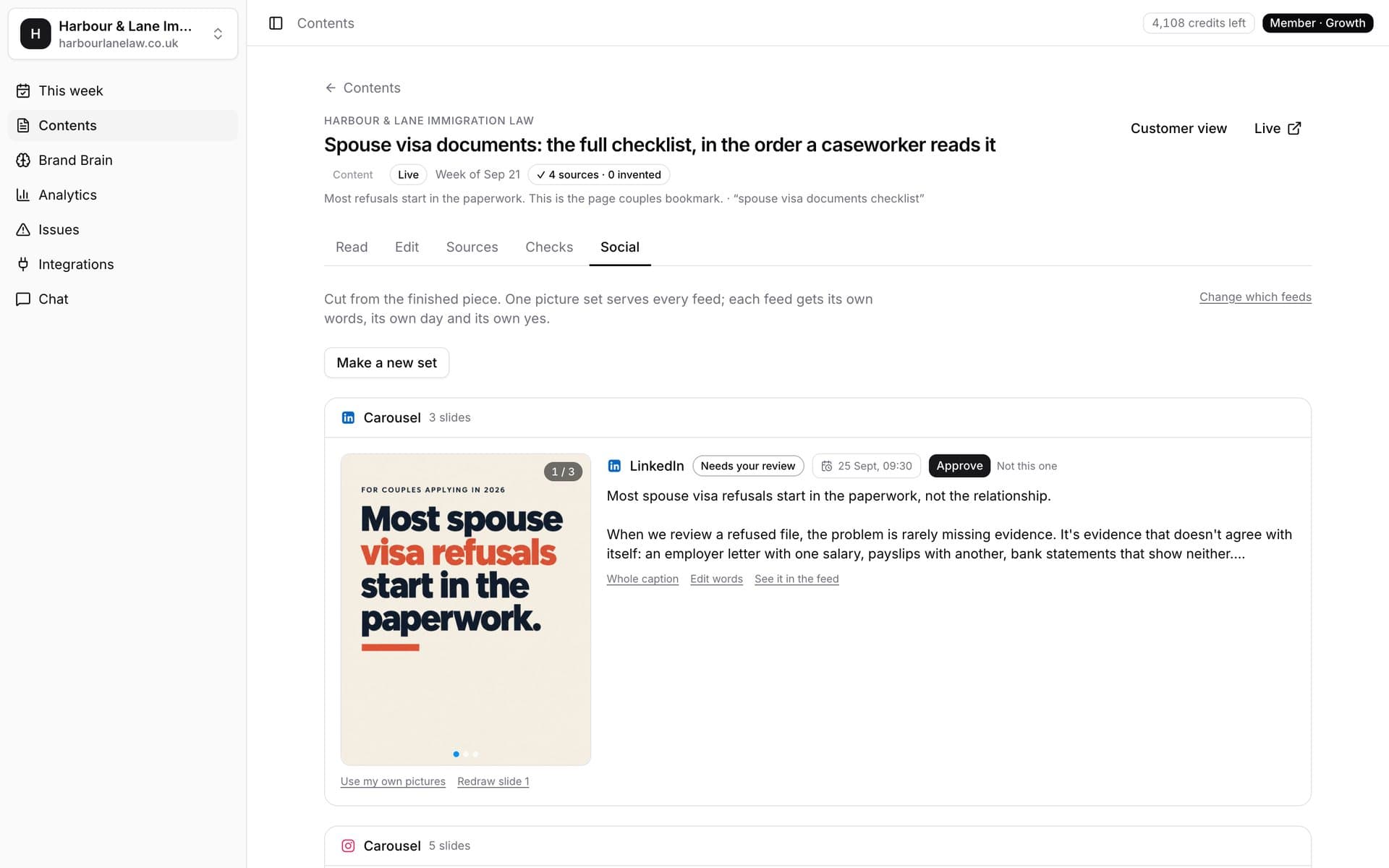 Every article ships with its social cuts for LinkedIn and Instagram (sample workspace).