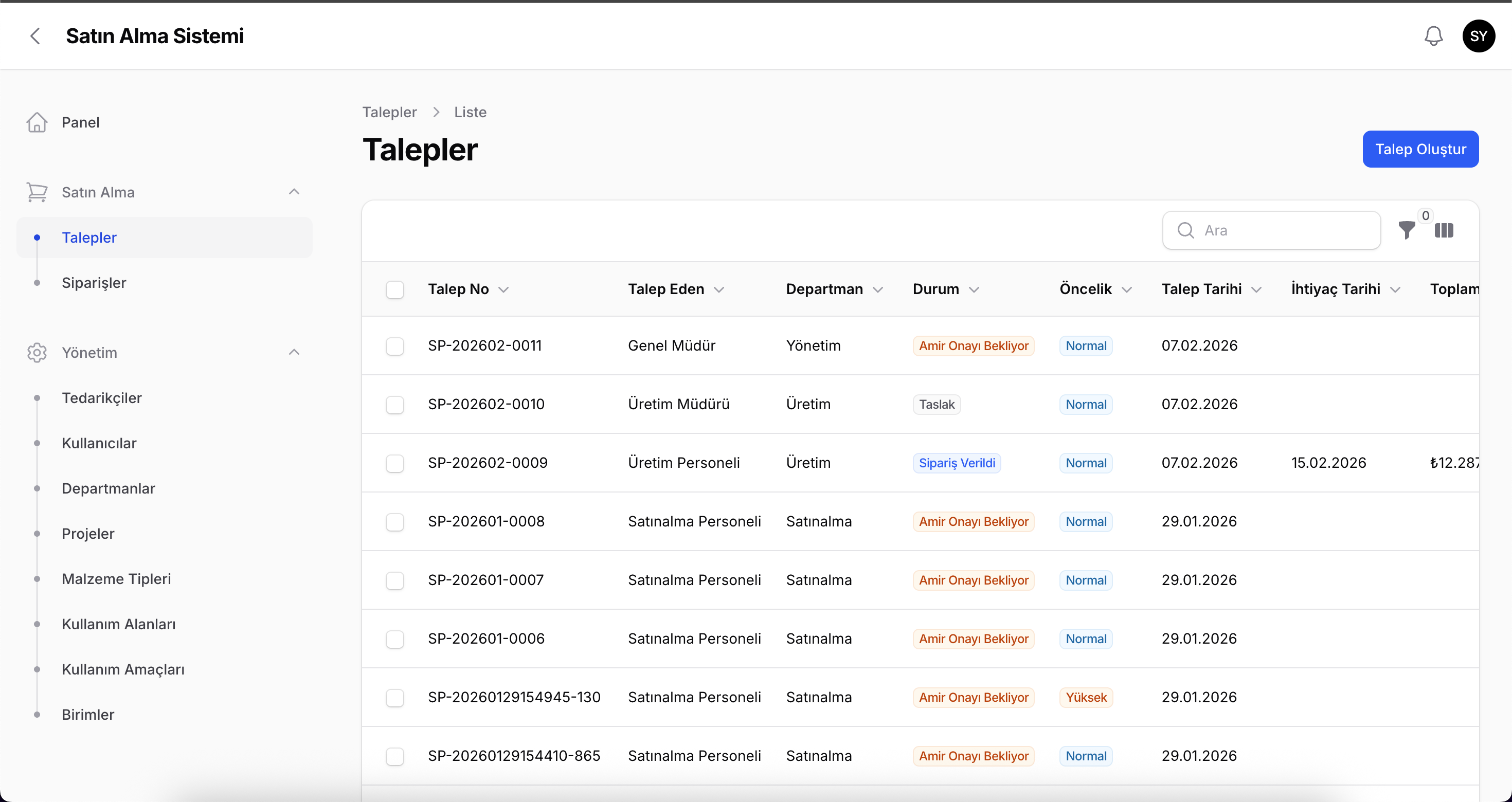 Satın Alma Dashboard - Talepler Listesi